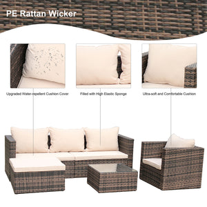 4 Pieces Patio Sofa Set, Outdoor Sectional Furniture Set, All-Weather Patio Conversation Set with Tempered Glass Table