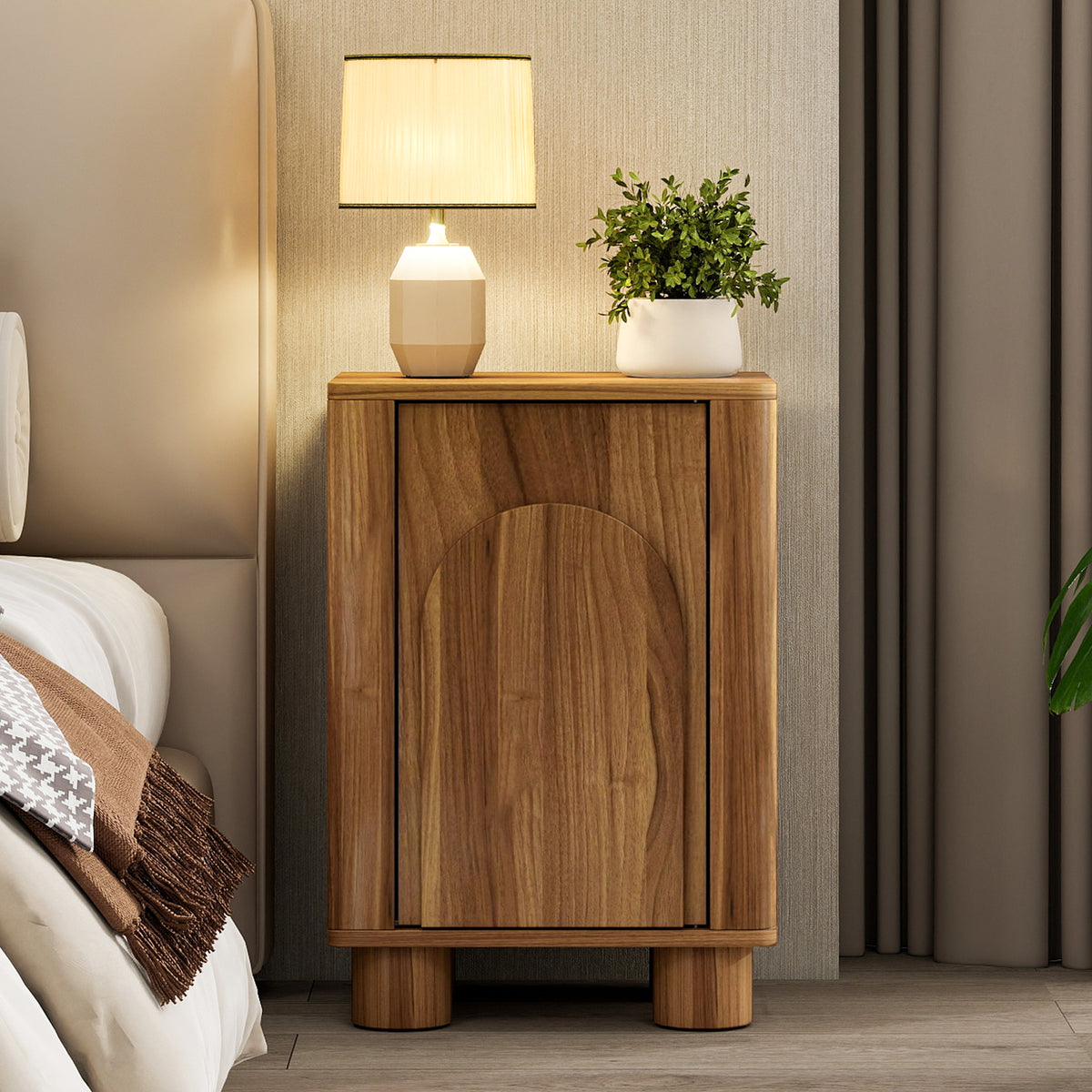 Enyopro Vintage Nightstand, Wood Side Cabinet, Magnetic Buffer Door, Pine Legs, Compact End Table for Bedroom Living Room, Mid‑Century Bohemian Home