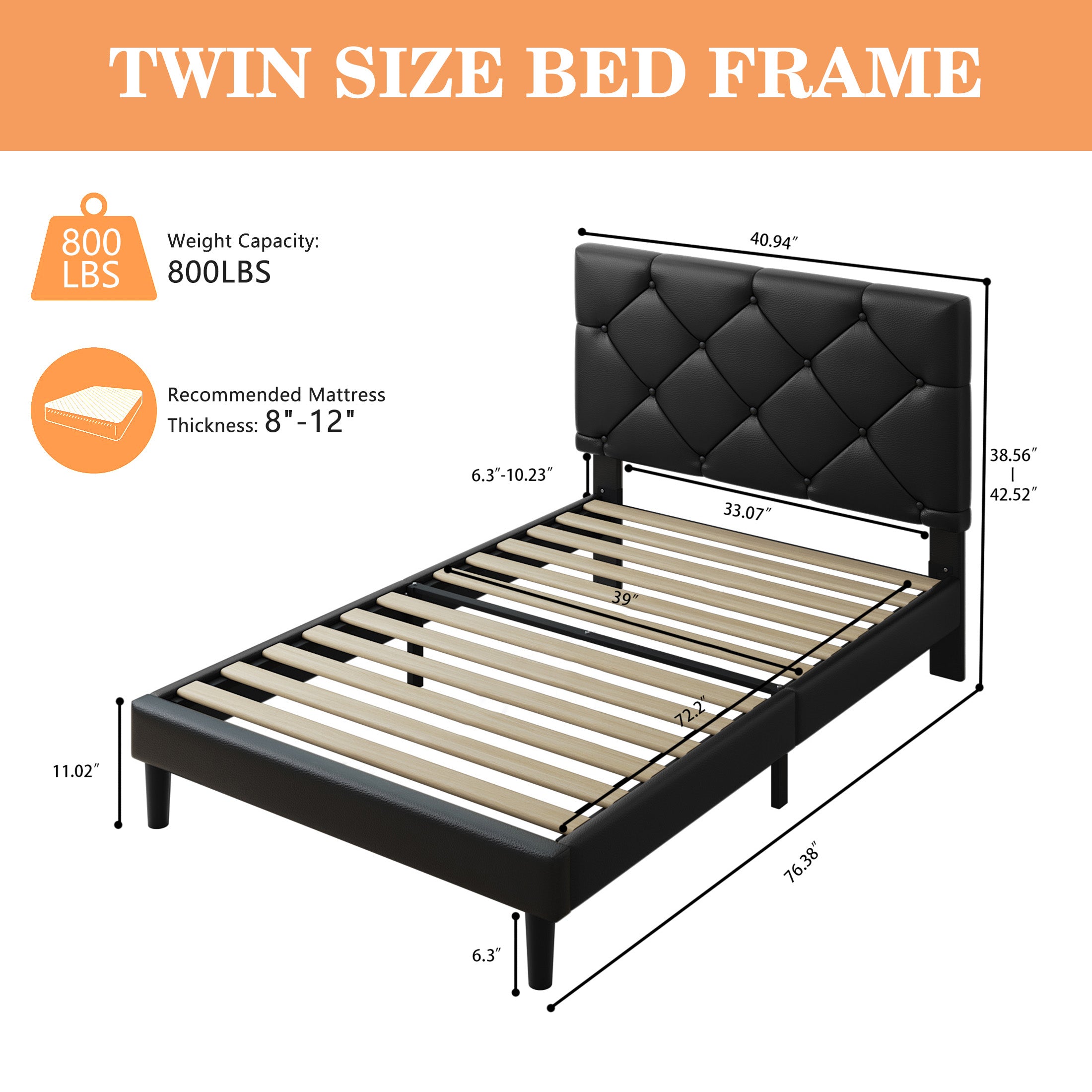 Twin Bed Frame with Headboard, SESSLIFE Upholstered Platform Bed Frame with Faux Leather Headboard, Sturdy Wood Slat Support, No Box Spring Needed, Bedroom
