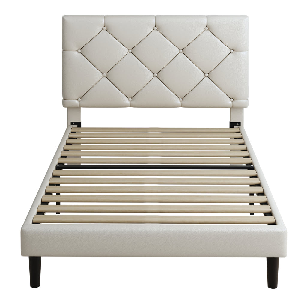 Sesslife Twin Upholstered Platform Bed with Headboard, Beige Twin Bed Frame with Wood Slats Support for Boys Girls, No Box Spring Needed