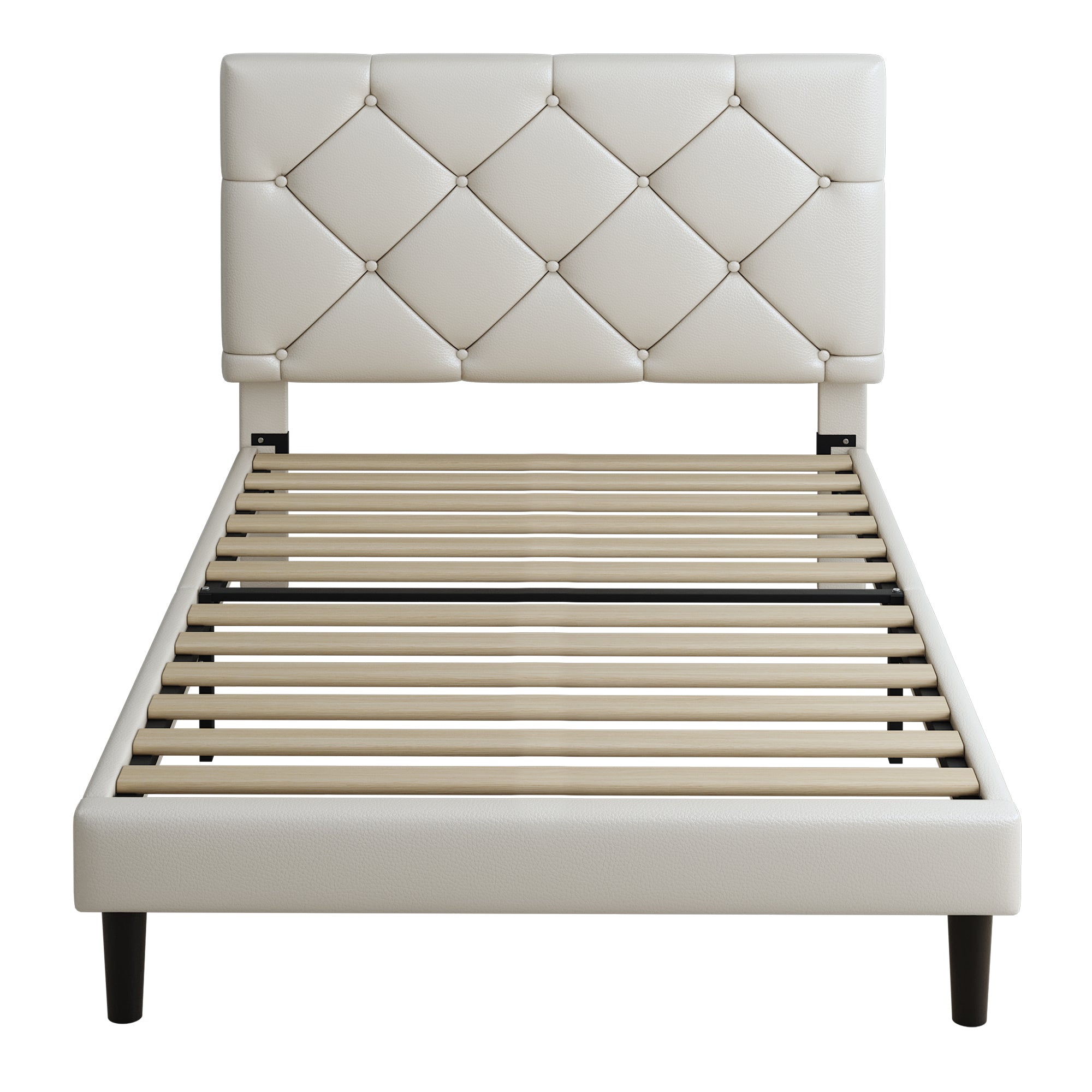 Sesslife Twin Upholstered Platform Bed with Headboard, Beige Twin Bed Frame with Wood Slats Support for Boys Girls, No Box Spring Needed
