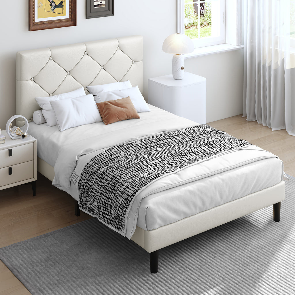 Sesslife Twin Upholstered Platform Bed with Headboard, Beige Twin Bed Frame with Wood Slats Support for Boys Girls, No Box Spring Needed