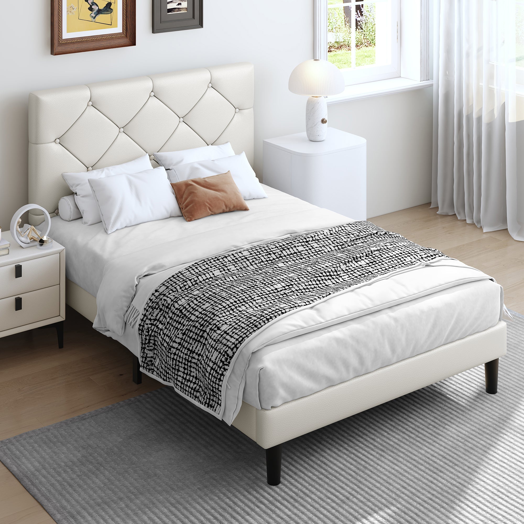 Sesslife Twin Upholstered Platform Bed with Headboard, Beige Twin Bed Frame with Wood Slats Support for Boys Girls, No Box Spring Needed