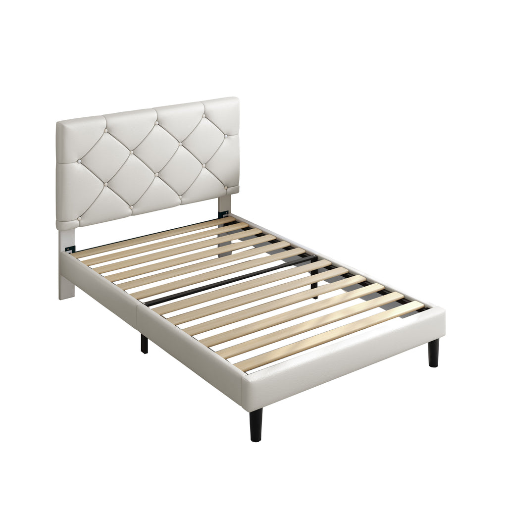 Sesslife Twin Upholstered Platform Bed with Headboard, Beige Twin Bed Frame with Wood Slats Support for Boys Girls, No Box Spring Needed