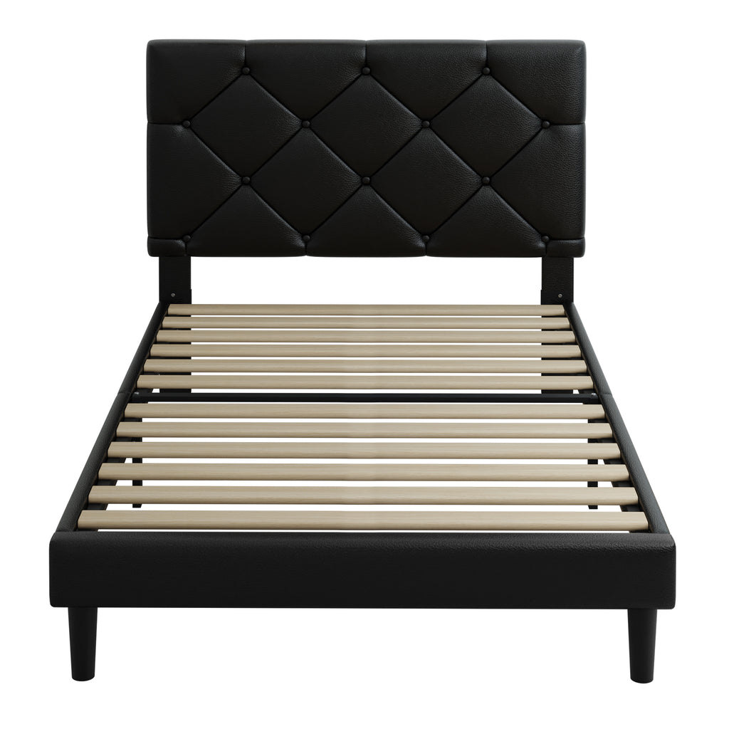 Twin Bed Frame with Headboard, SESSLIFE Upholstered Platform Bed Frame with Faux Leather Headboard, Sturdy Wood Slat Support, No Box Spring Needed, Bedroom