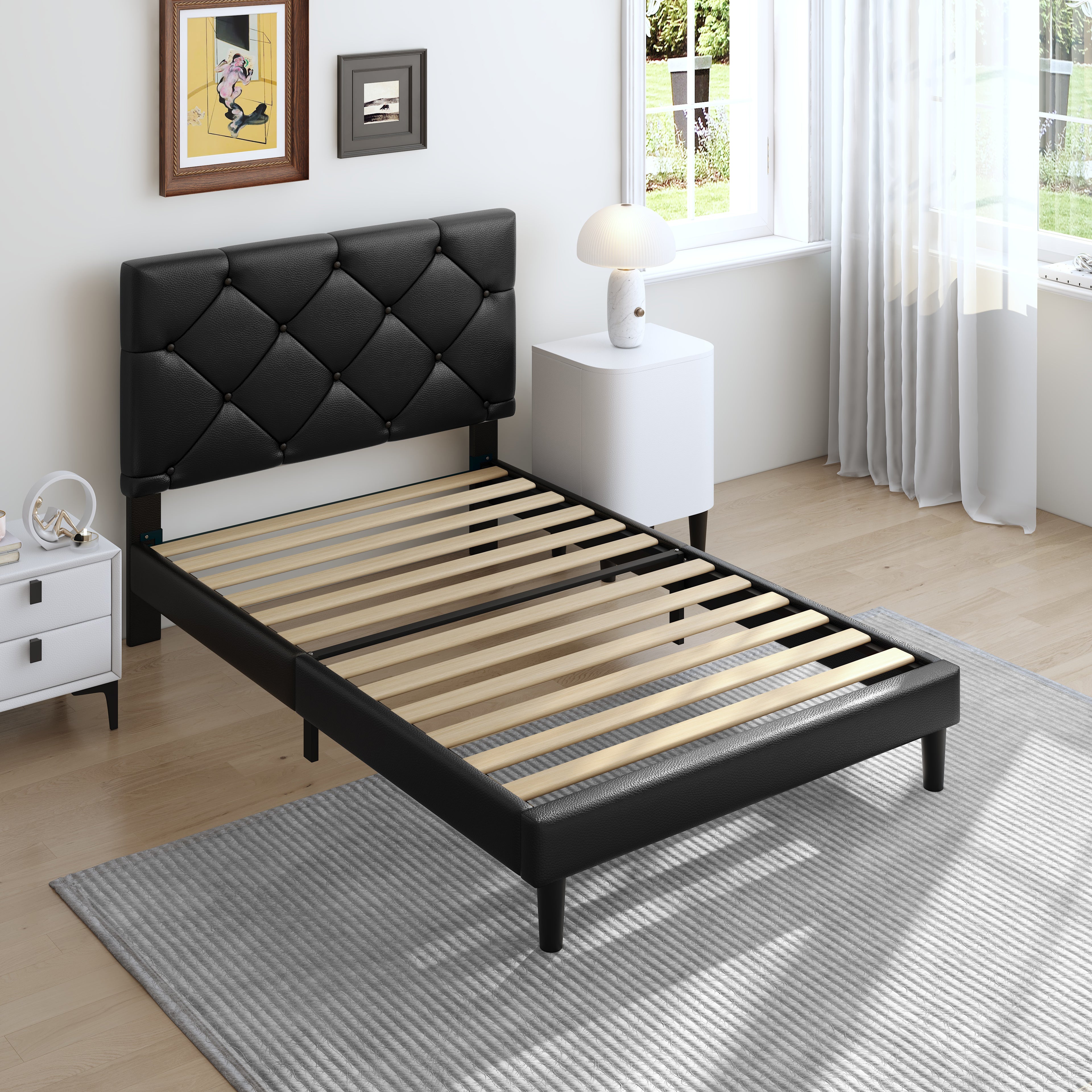 Sesslife Twin Upholstered Platform Bed with Headboard, Black Twin Bed Frame with Wood Slats Support for Boys Girls, No Box Spring Needed