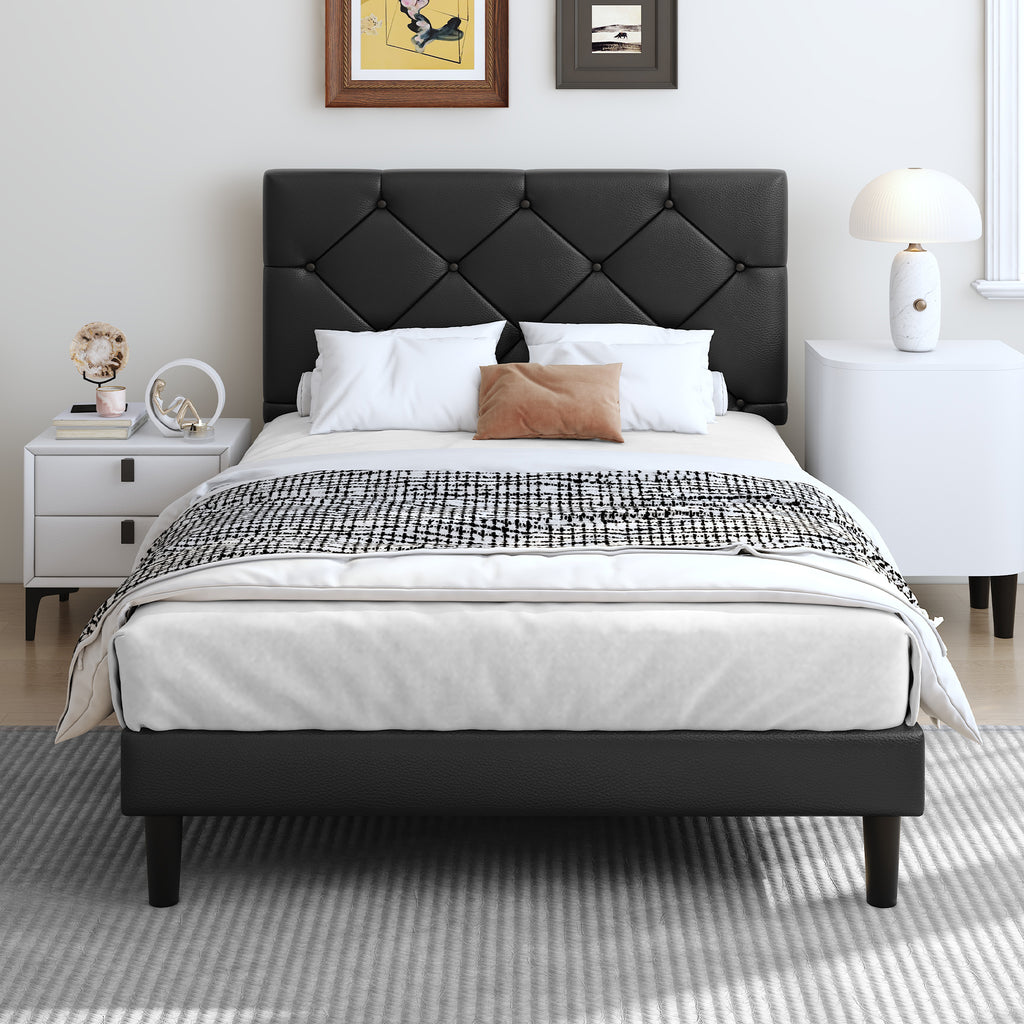 Sesslife Twin Upholstered Platform Bed with Headboard, Black Twin Bed Frame with Wood Slats Support for Boys Girls, No Box Spring Needed