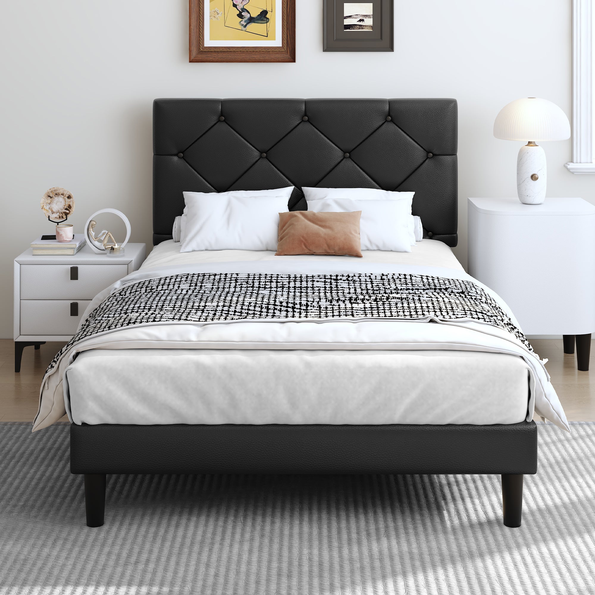 Sesslife Twin Upholstered Platform Bed with Headboard, Black Twin Bed Frame with Wood Slats Support for Boys Girls, No Box Spring Needed