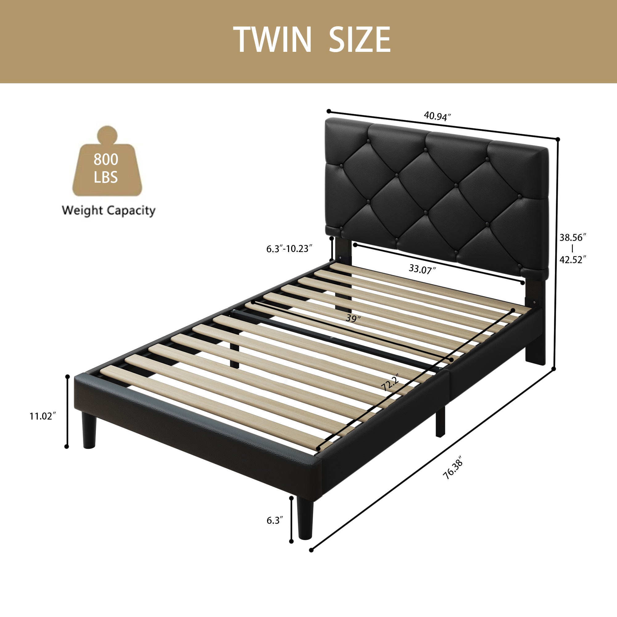 Sesslife Twin Upholstered Platform Bed with Headboard, Black Twin Bed Frame with Wood Slats Support for Boys Girls, No Box Spring Needed