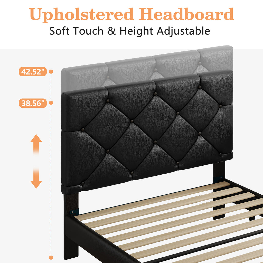 Sesslife Twin Upholstered Platform Bed with Headboard, Black Twin Bed Frame with Wood Slats Support for Boys Girls, No Box Spring Needed