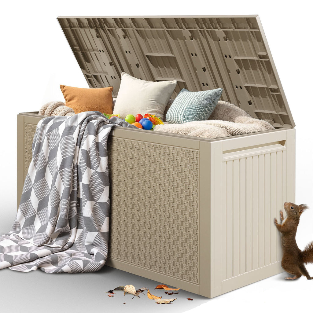 Enyopro 90 Gallon Deck Box, Organization and Storage Box for Patio Furniture Outdoor Cushions, Throw Pillows, Garden Tools and Pool Toys, Light Brown