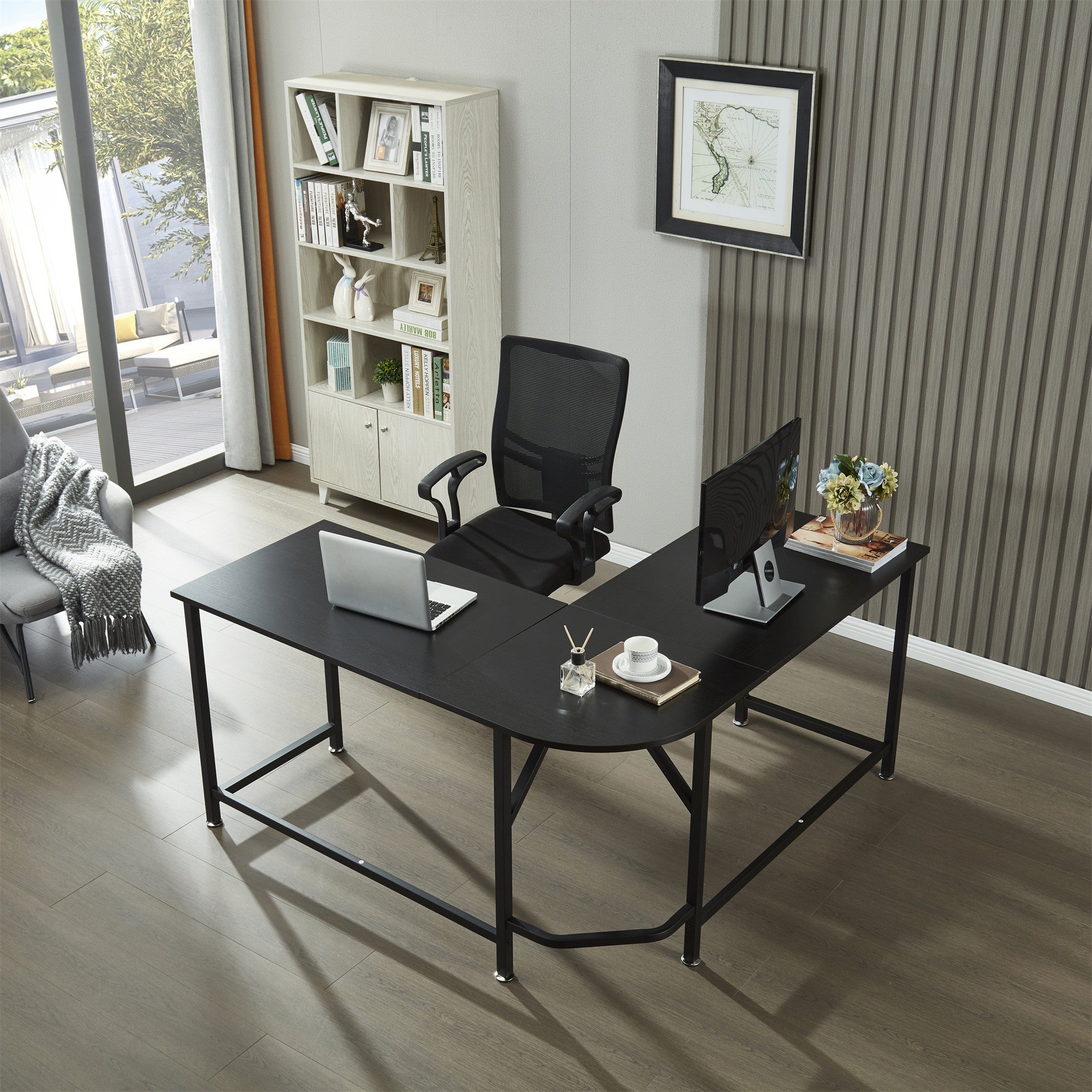 L-Shaped Computer Desk, Industrial Office Corner Desk, Writing Study Table, Wood Tabletop Home Gaming Desk with Metal Frame, Large 2 Person Table for Home Office Workstation