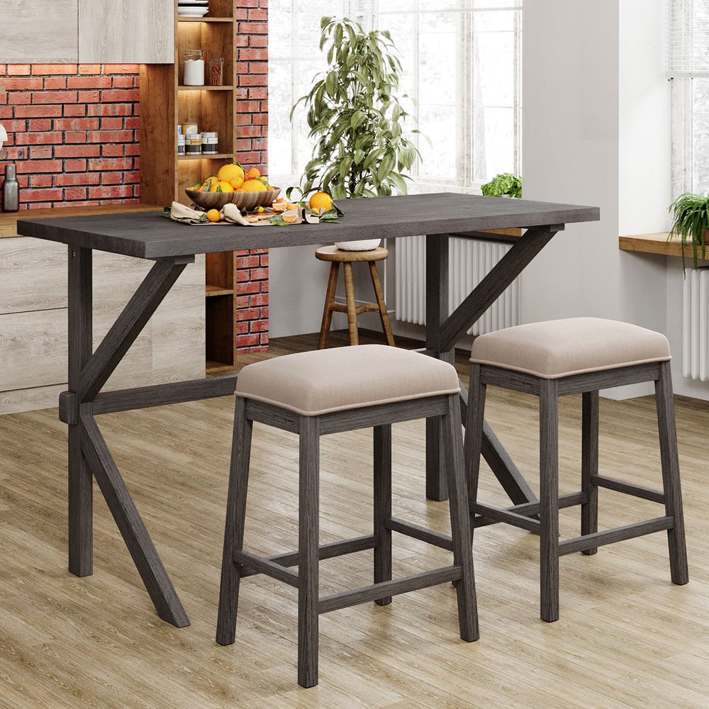 Small Kitchen Table Set for 3, Modern Dining Room Table Set with 3 Stools, Extra Long Bar Table Set, Wooden Pub Table, and Chairs Set, Saving Space Patio Restaurant Bistro Table Set, Brown
