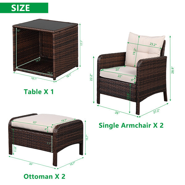 Five-Piece Rattan Set Brown Gradient 2 Single Sofas 2 Footstool &1 Coffee Table Round Corner Armrests