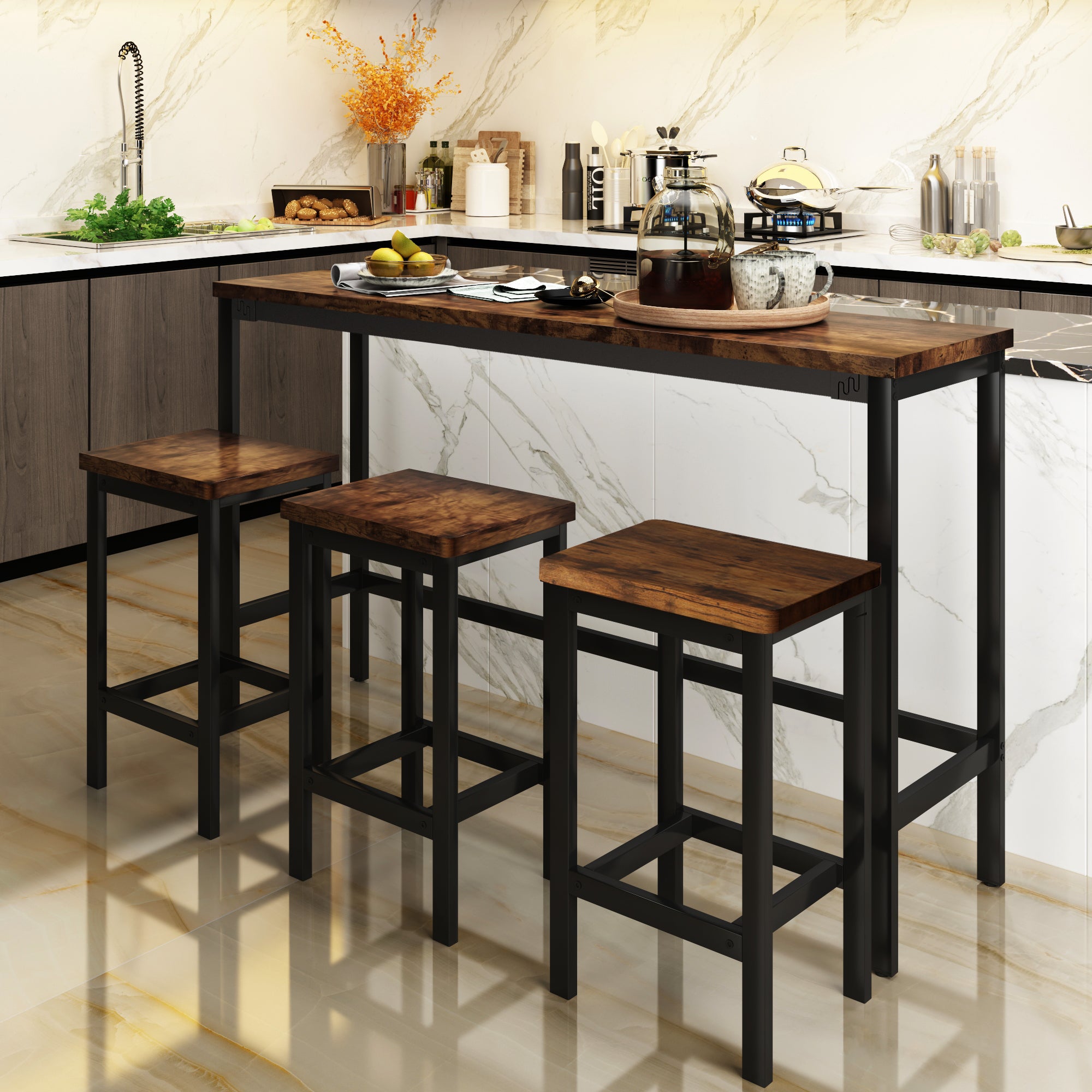 Small Kitchen Table Set for 3, Modern Dining Room Table Set with 3 Stools, Extra Long Bar Table Set, Wooden Pub Table, and Chairs Set, Saving Space Patio Restaurant Bistro Table Set, Brown