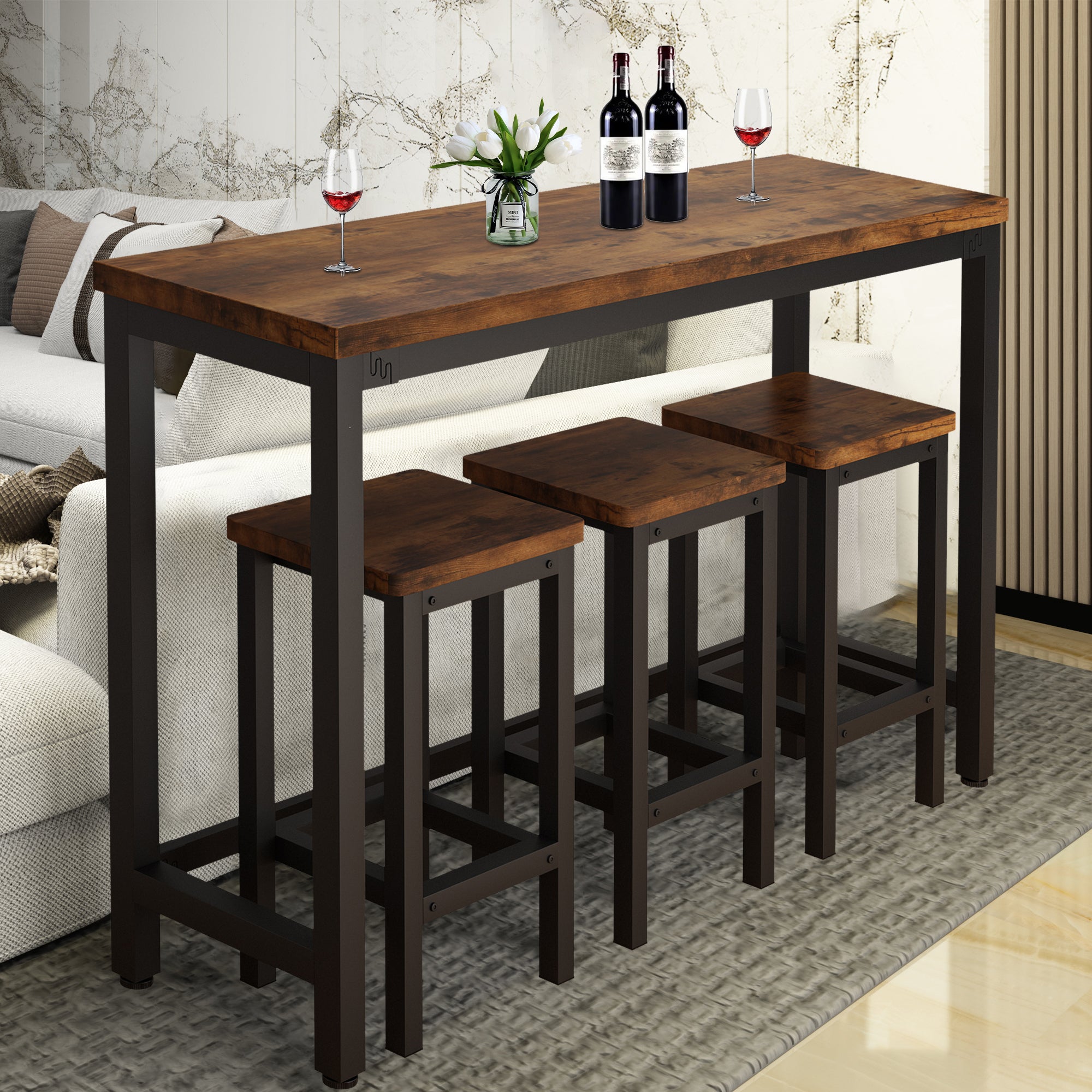 Small Kitchen Table Set for 3, Modern Dining Room Table Set with 3 Stools, Extra Long Bar Table Set, Wooden Pub Table, and Chairs Set, Saving Space Patio Restaurant Bistro Table Set, Brown