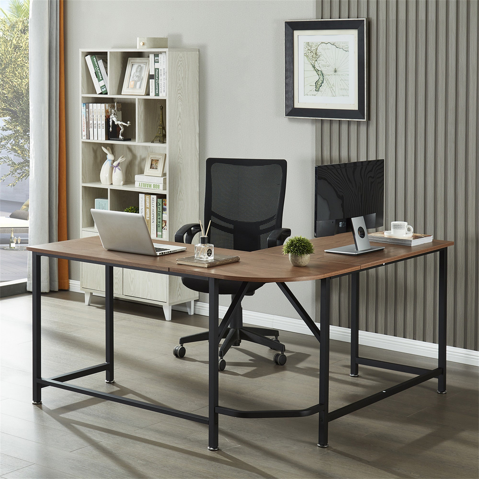 L-Shaped Computer Desk, Industrial Office Corner Desk, Writing Study Table, Wood Tabletop Home Gaming Desk with Metal Frame, Large 2 Person Table for Home Office Workstation