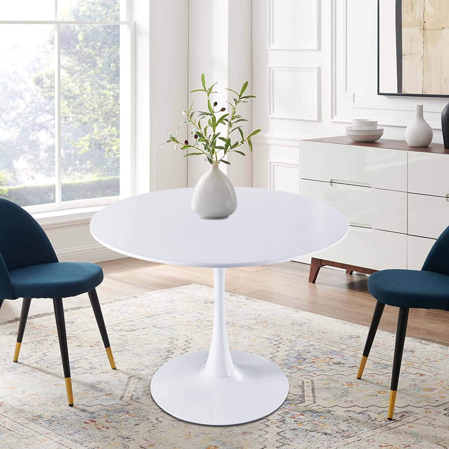 ENYOPRO 42.2" Round Tulip Table in White, Mid-Century Modern Dining Table with Round Top and Pedestal Base, Conference Pedestal Desk, Leisure Coffee Table, Seat for 4-6, Max Loading 220lbs, K2047