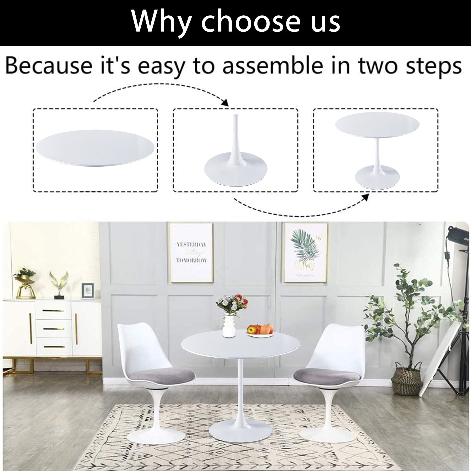 ENYOPRO 42.2" Round Tulip Table in White, Mid-Century Modern Dining Table with Round Top and Pedestal Base, Conference Pedestal Desk, Leisure Coffee Table, Seat for 4-6, Max Loading 220lbs, K2047