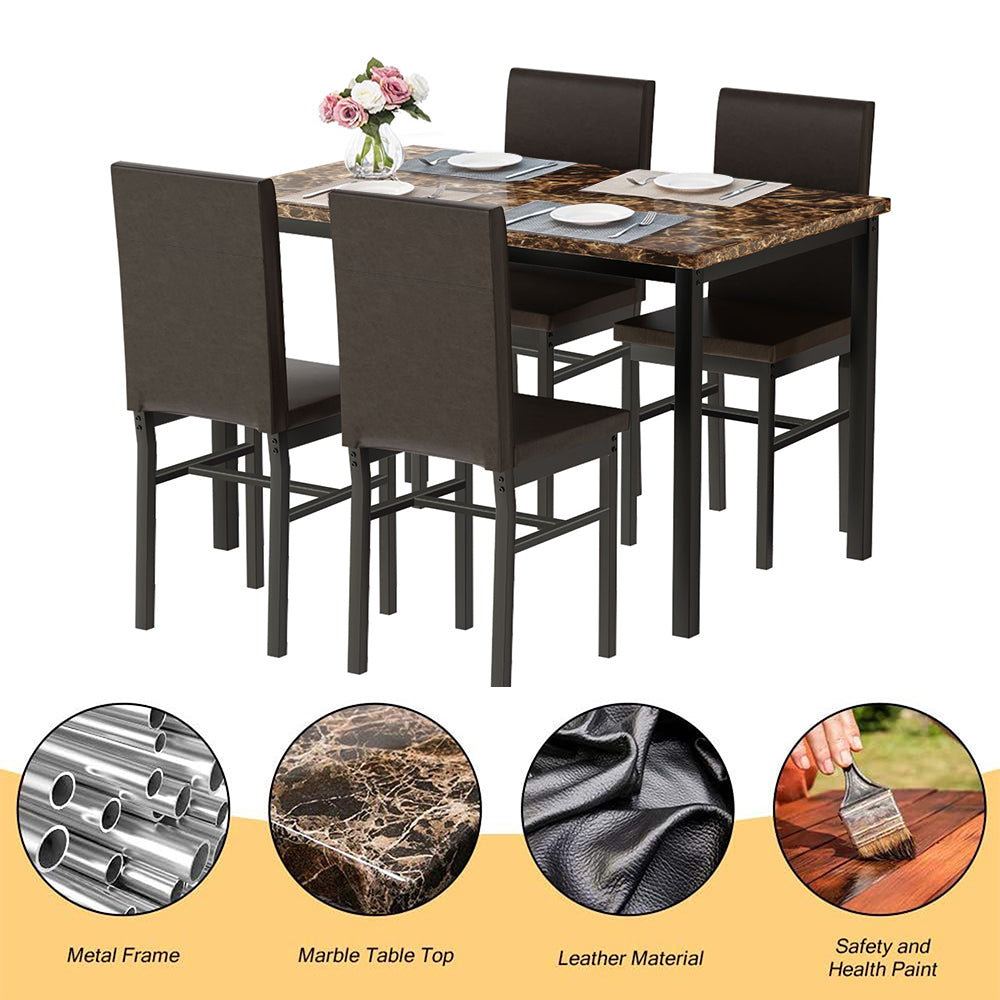 5 Piece Dining Table Set, Modern Faux Marble Table and 4 PU Leather Upholstered Chairs, Rectangle Kitchen Table and Chairs for 4 Persons, Small Dining Set for Bar Kitchen Breakfast Nook, B1401