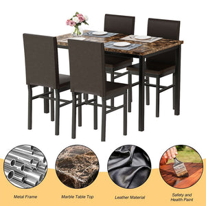 5 Piece Dining Table Set, Modern Faux Marble Table and 4 PU Leather Upholstered Chairs, Rectangle Kitchen Table and Chairs for 4 Persons, Small Dining Set for Bar Kitchen Breakfast Nook, B1401