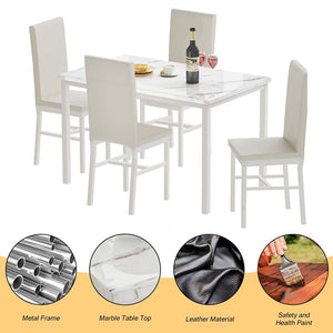 5 Piece Kitchen Dining Table and Chair Set, Dining Room Table Set with Faux Marble Table PU Leather Padded Chairs, Rectangle Dining Table Set for 4, Dinette Set for Kitchen Dining Room Small Space