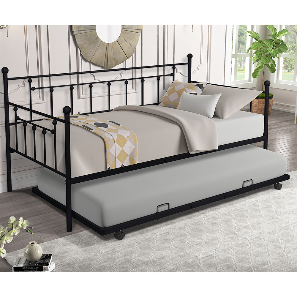 Premium Daybed Metal Bed Frame, Twin Size Bed with Trundle, Daybed and Roll Out Trundle for Kids Room Guest Room Apartment, Easy Assembly, Mattresses Sold Separately - Black