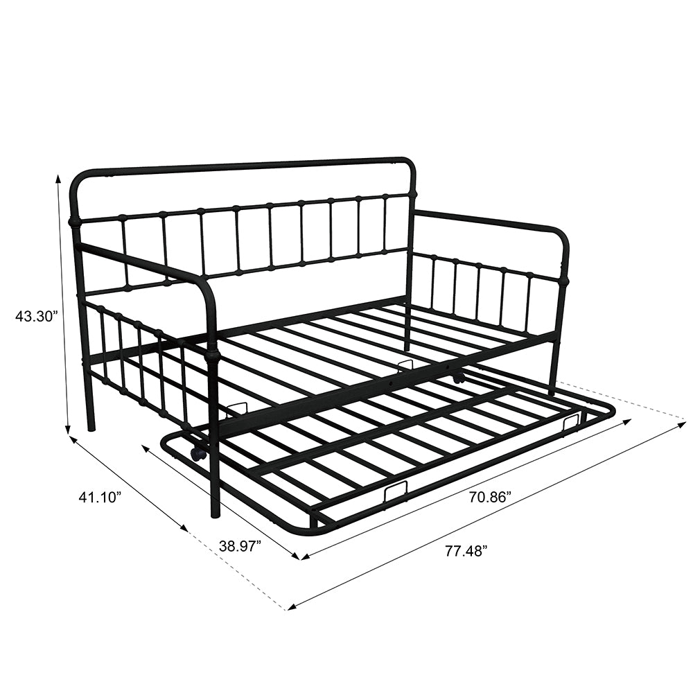 Premium Daybed Metal Bed Frame, Twin Size Bed with Trundle, Daybed and Roll Out Trundle for Kids Room Guest Room Apartment, Easy Assembly, Mattresses Sold Separately - Black