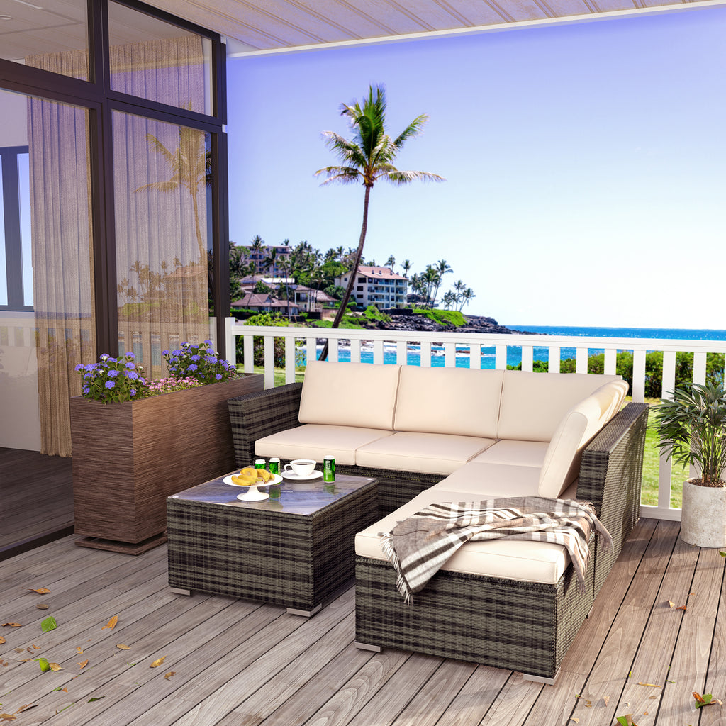 Outdoor Rattan Conversation Set, 4 Pieces Wicker Chairs Set, Outdoor Seating Set with Soft Cushions & Tempered Glass Coffee Table, Outdoor Patio Chairs for Deck Balcony Lawn