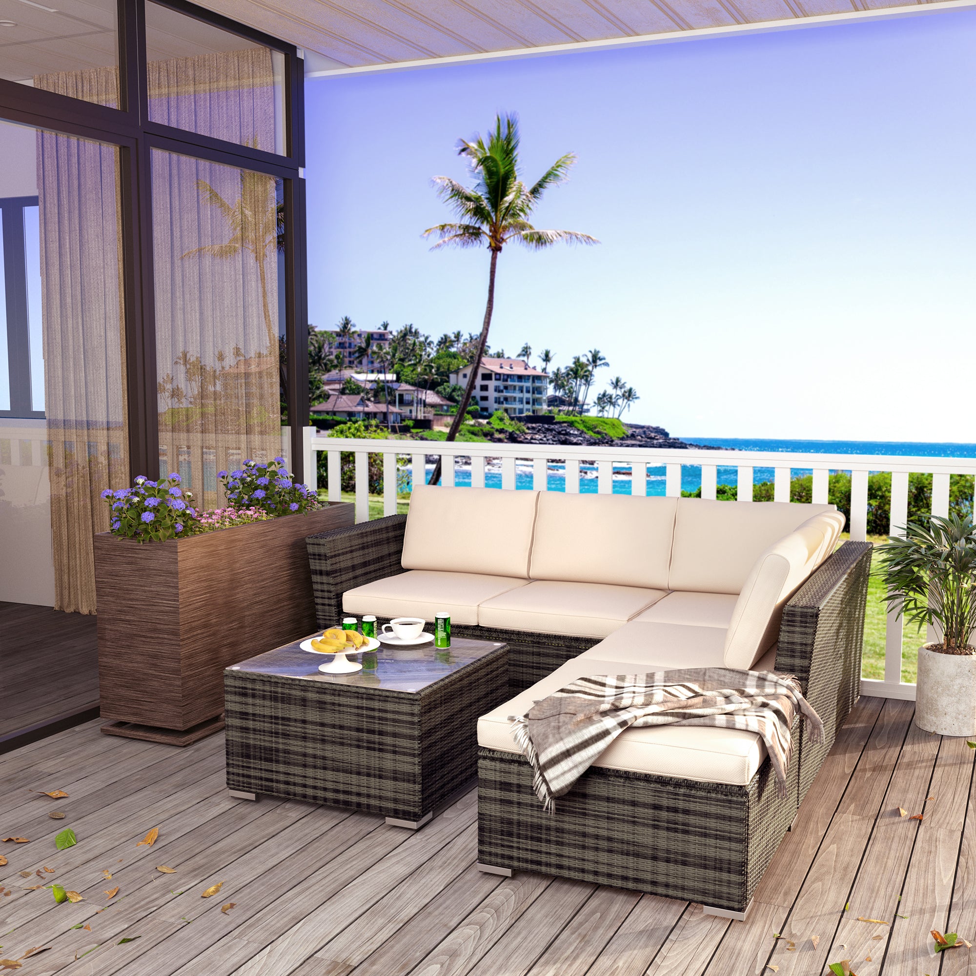 Outdoor Rattan Conversation Set, 4 Pieces Wicker Chairs Set, Outdoor Seating Set with Soft Cushions & Tempered Glass Coffee Table, Outdoor Patio Chairs for Deck Balcony Lawn