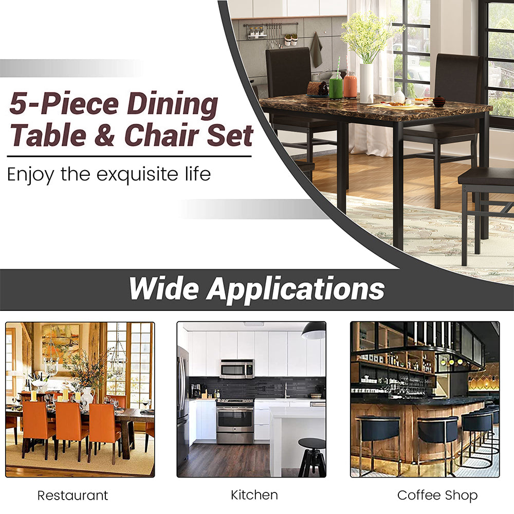 5 Piece Dining Table Set, Modern Faux Marble Table and 4 PU Leather Upholstered Chairs, Rectangle Kitchen Table and Chairs for 4 Persons, Small Dining Set for Bar Kitchen Breakfast Nook, B1401
