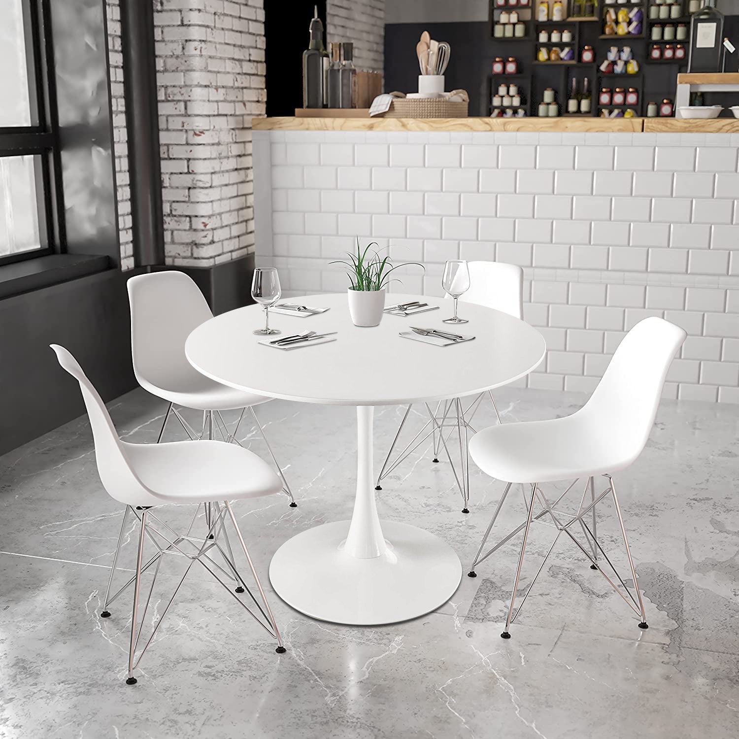ENYOPRO 42.2" Round Tulip Table in White, Mid-Century Modern Dining Table with Round Top and Pedestal Base, Conference Pedestal Desk, Leisure Coffee Table, Seat for 4-6, Max Loading 220lbs, K2047