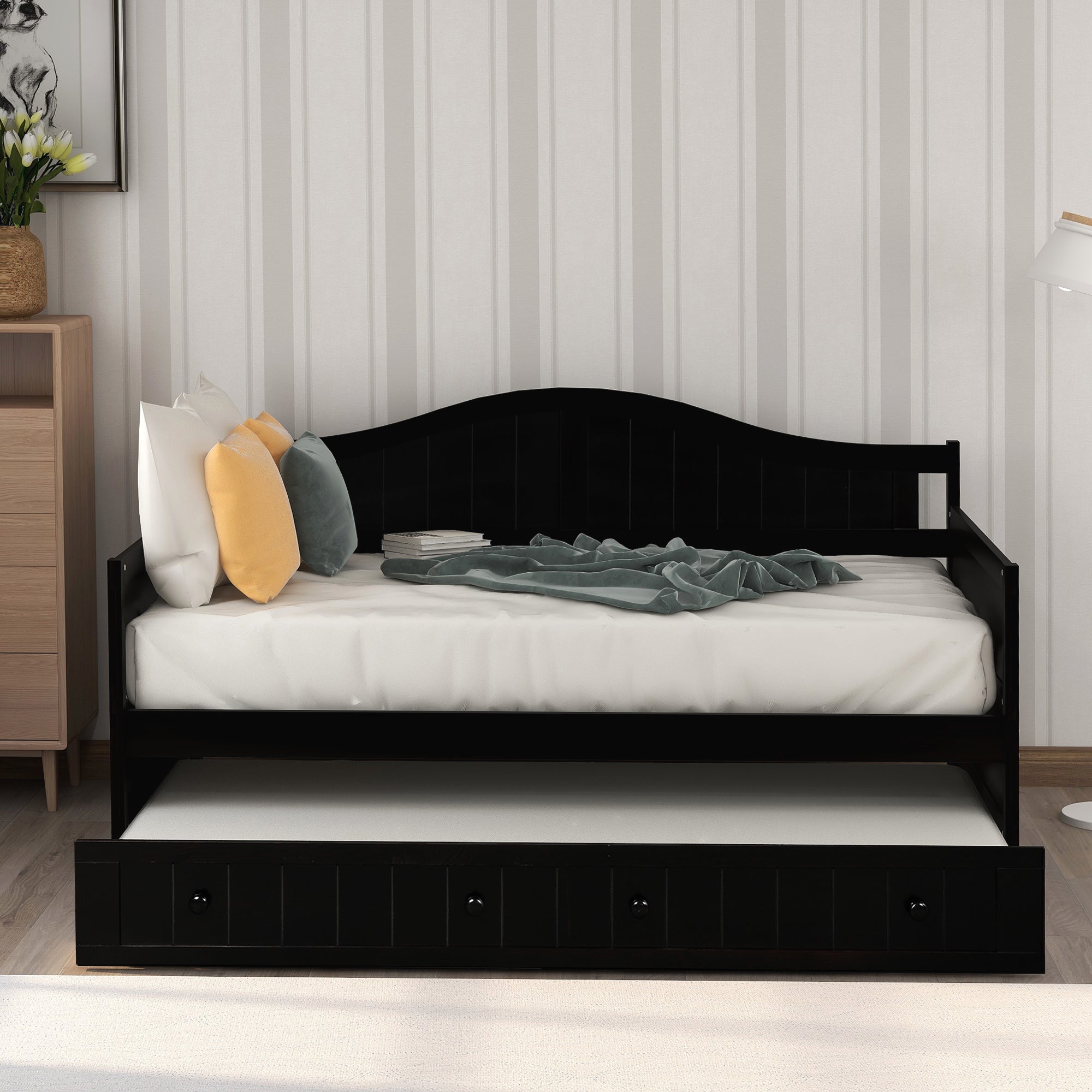 Enyopro Wooden Daybed Trundle, Platform Bed Frame with Headboard Footboard, Standard Twin, for Kids Room/Living Room/Guest Room, Easy Assembly - Mattresses No Included, B2027