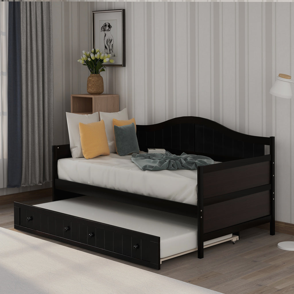 Enyopro Wooden Daybed Trundle, Platform Bed Frame with Headboard Footboard, Standard Twin, for Kids Room/Living Room/Guest Room, Easy Assembly - Mattresses No Included, B2027