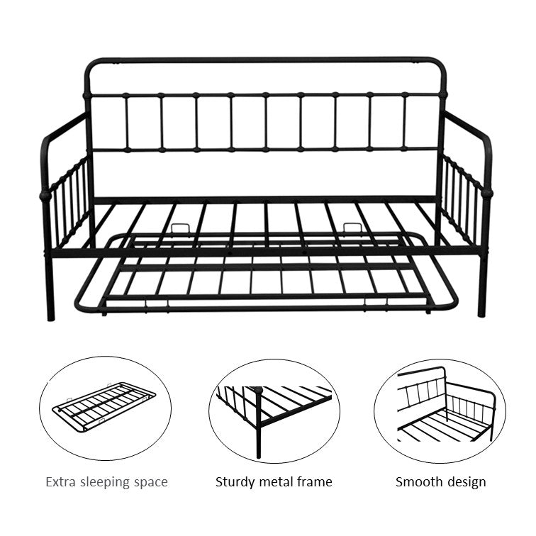 Premium Daybed Metal Bed, Twin Size Bed with Trundle, Daybed and Roll Out Trundle for Kids Room Guest Room Apartment, Easy Assembly, Mattresses Sold Separately - Black