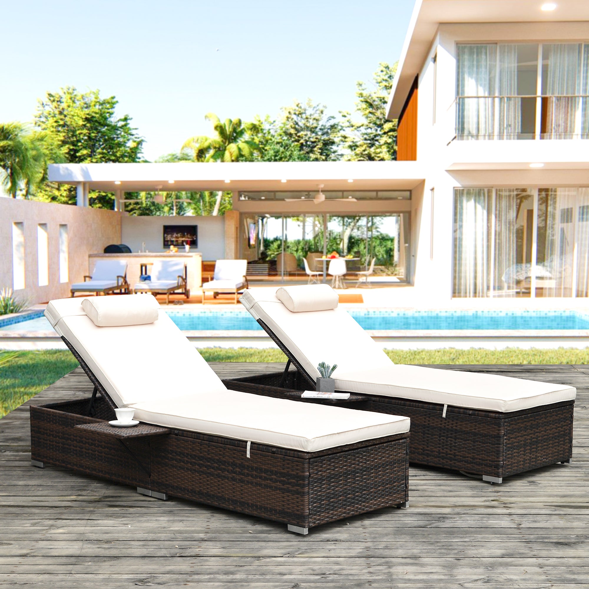 Chaise Lounge Chair, Outdoor Rattan Lounge Chair, Elegant Chaise Lounge, Patio Reclining Chairs Furniture for Poolside, Deck, Backyard
