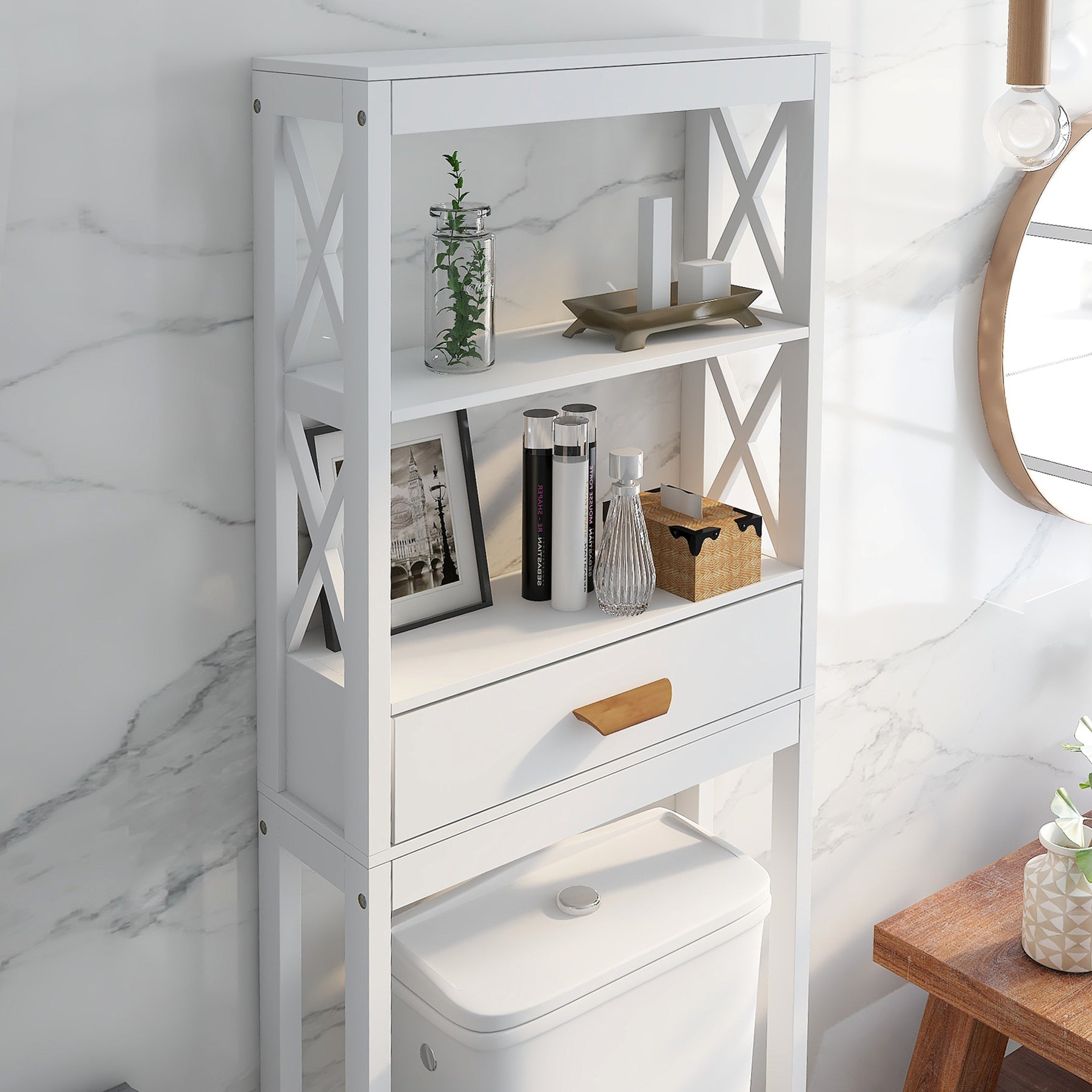 ENYOPRO Bathroom Above Toilet Cabinet, White MDF Storage Cabinet, Bathroom Storage Space Saver with One Drawer & Two Open Shelves, Over The Toilet Storage for Bathroom, K2512