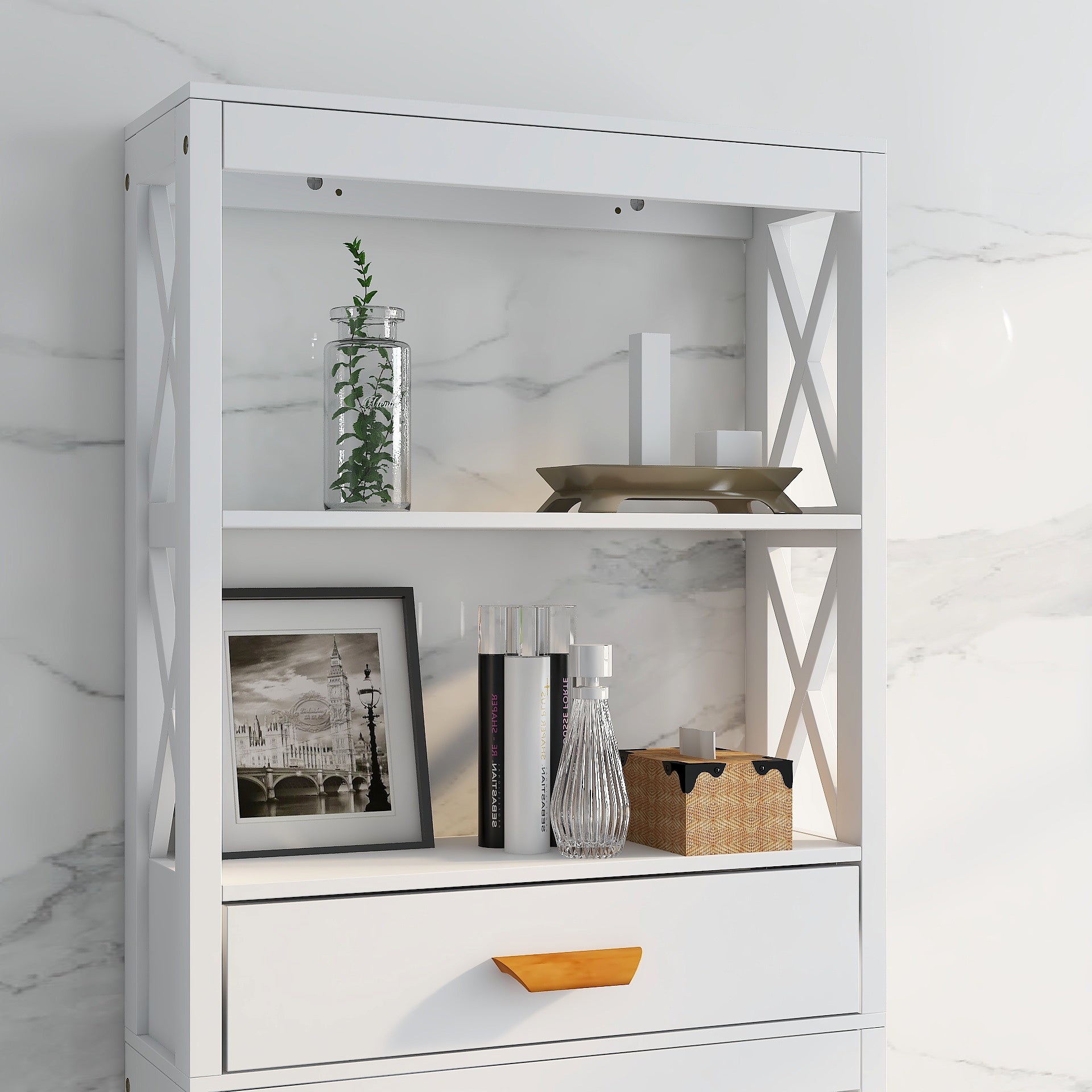 ENYOPRO Bathroom Above Toilet Cabinet, White MDF Storage Cabinet, Bathroom Storage Space Saver with One Drawer & Two Open Shelves, Over The Toilet Storage for Bathroom, K2512