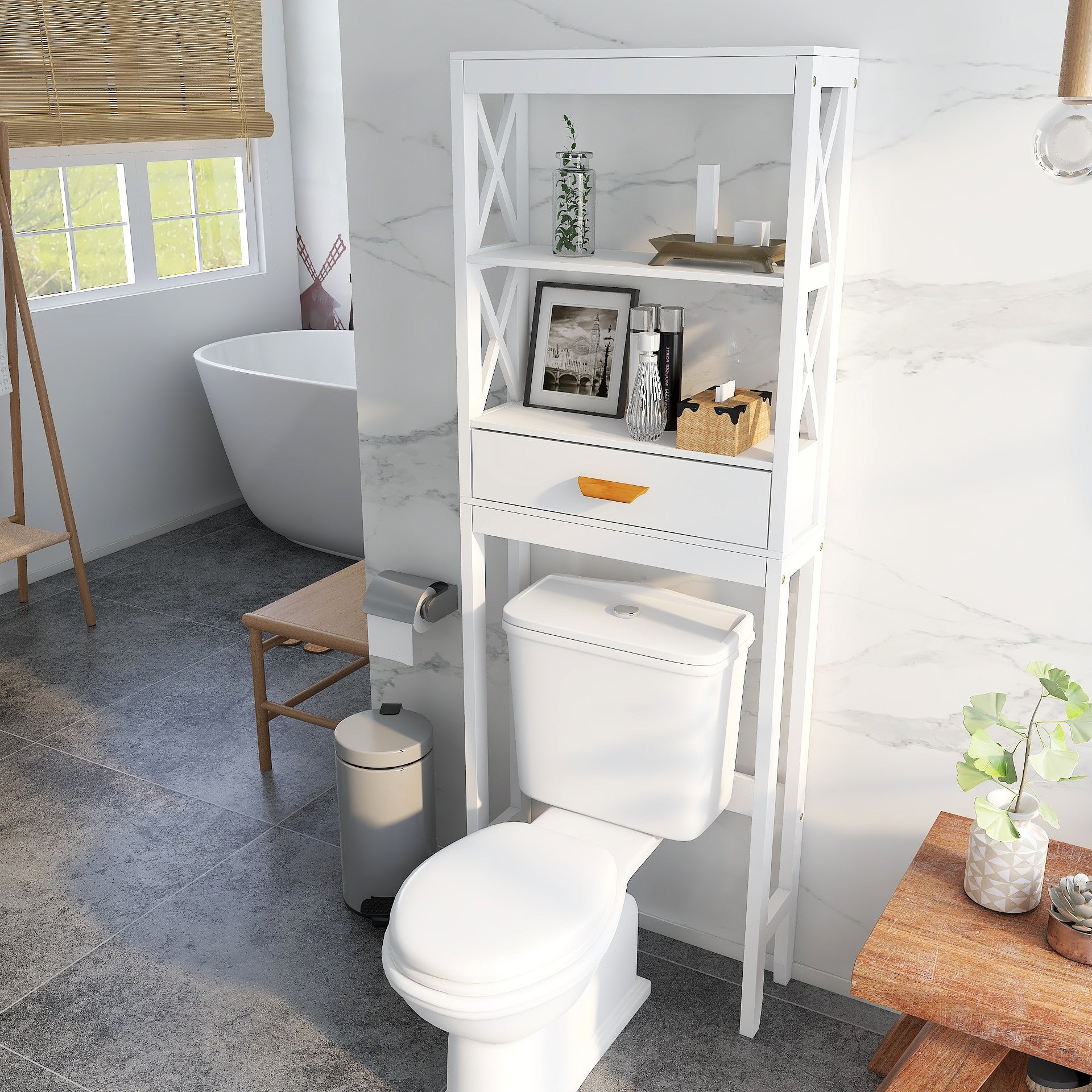 ENYOPRO Bathroom Above Toilet Cabinet, White MDF Storage Cabinet, Bathroom Storage Space Saver with One Drawer & Two Open Shelves, Over The Toilet Storage for Bathroom, K2512