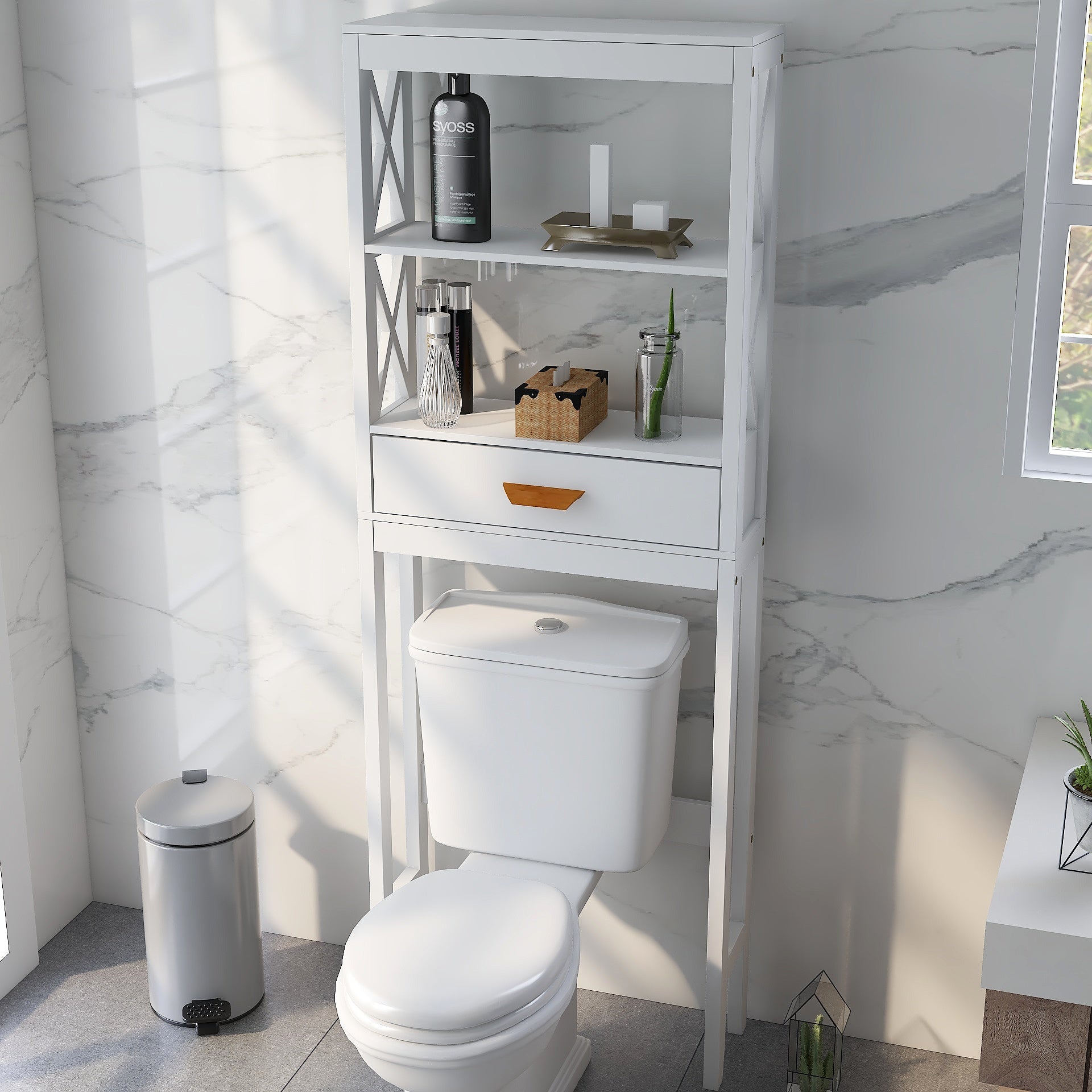 ENYOPRO Bathroom Above Toilet Cabinet, White MDF Storage Cabinet, Bathroom Storage Space Saver with One Drawer & Two Open Shelves, Over The Toilet Storage for Bathroom, K2512