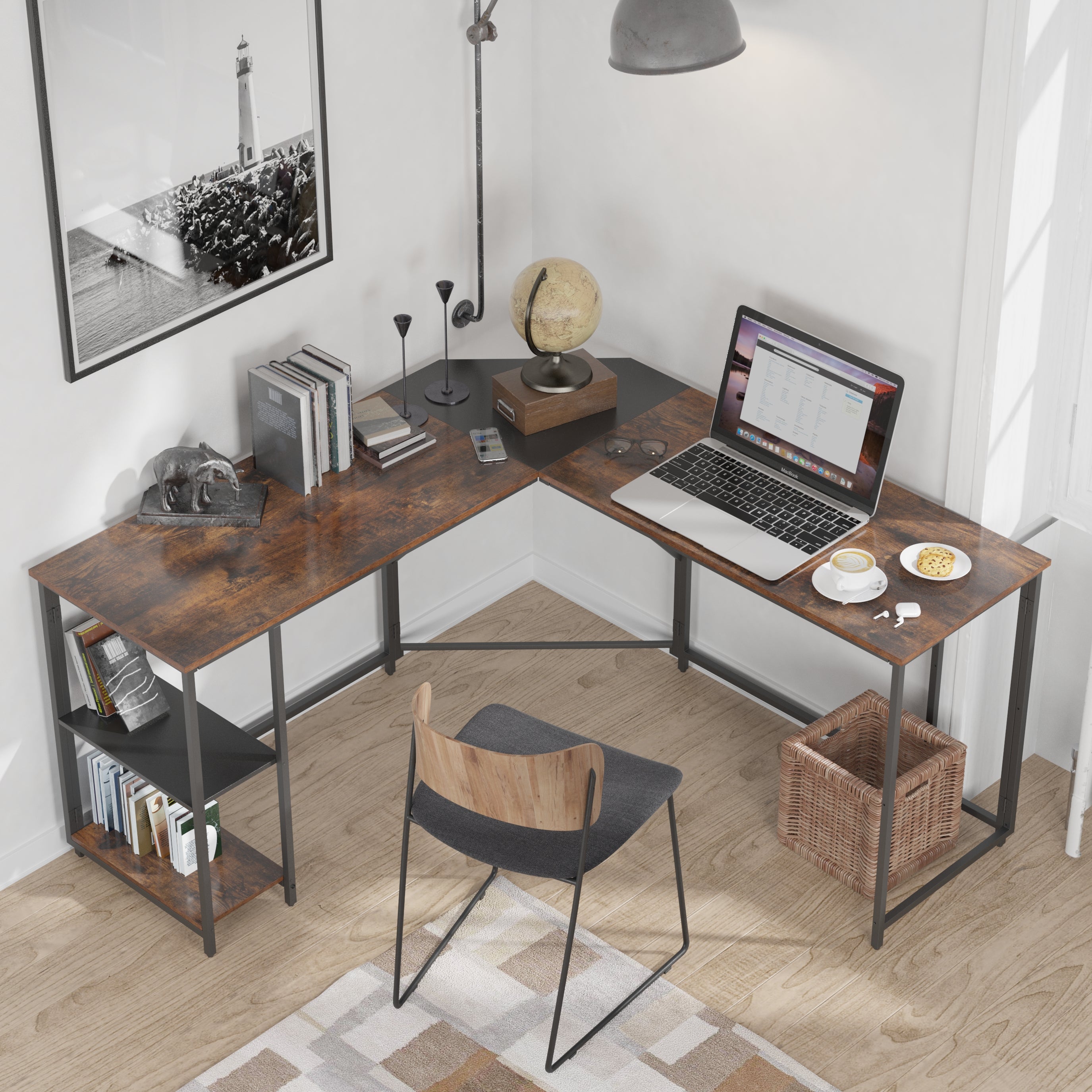 Home Office Computer Desk, L-Shaped Corner Desk with 0.59" Thicker Tabletop, Space-Saving Workstation Table for Office Home Apartment, Sturdy Metal Frame Corner Gaming Study Table