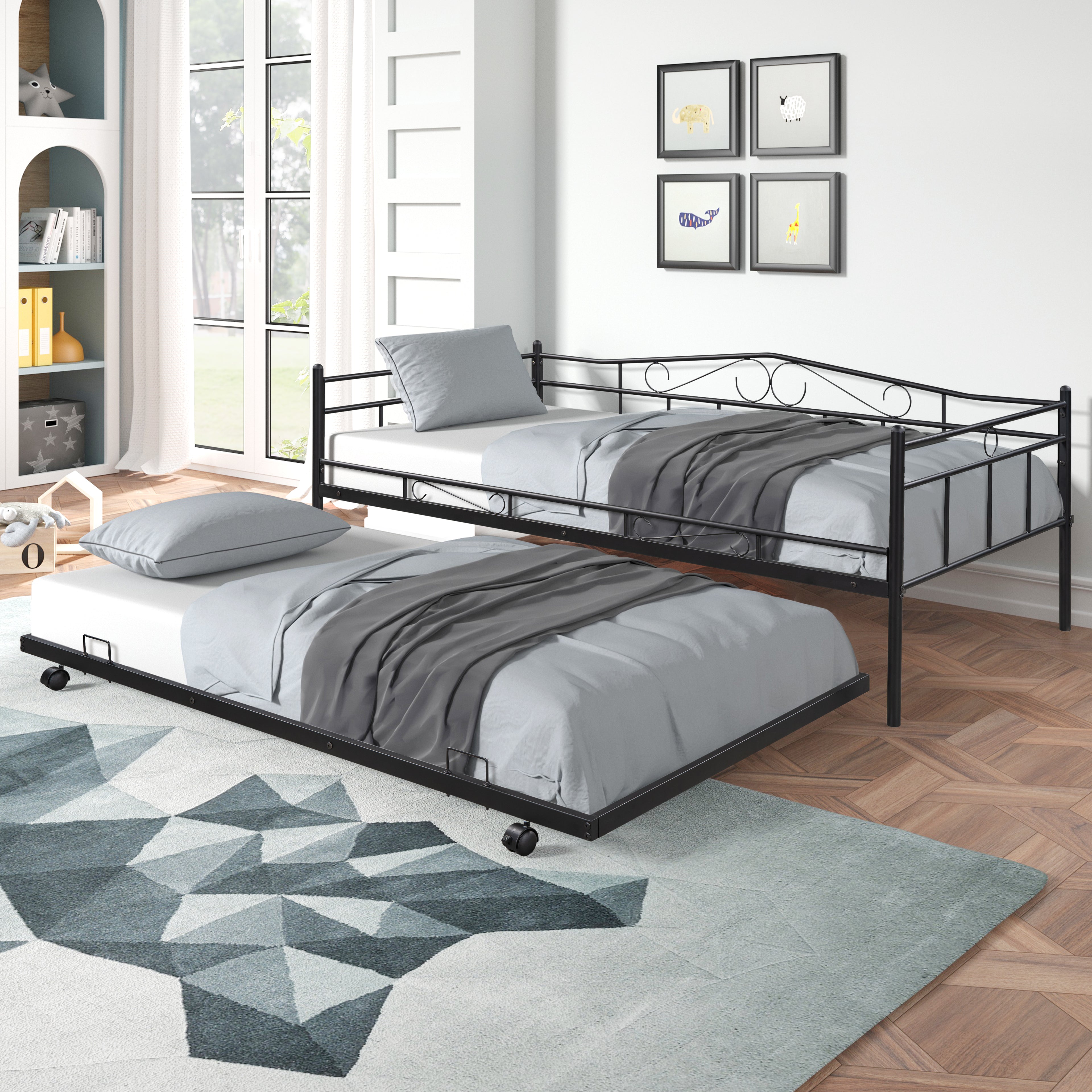 Premium Daybed Metal Bed, Twin Size Bed with Trundle, Daybed and Roll Out Trundle for Kids Room Guest Room Apartment, Easy Assembly, Mattresses Sold Separately - Black