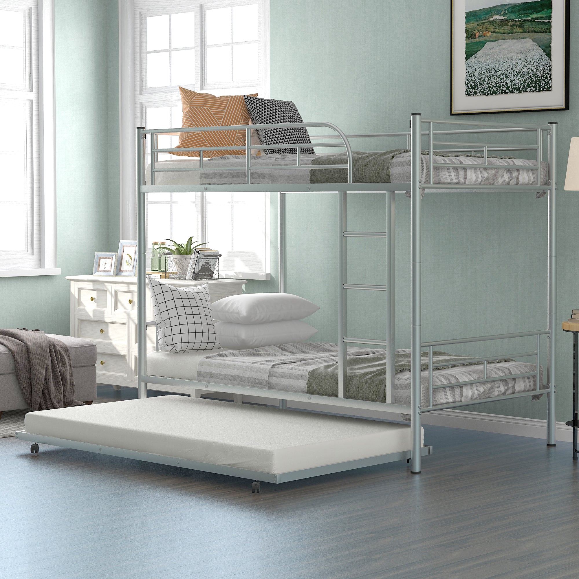 Bunk Bed with Roll Out Trundle Bed Frame, Metal Bunk Bed can be Divided into Two Twin Beds, Trundle Twin Bunk Bed with Ladders and Guardrails for Guest Room, Space Saving Bedroom Furniture, K86