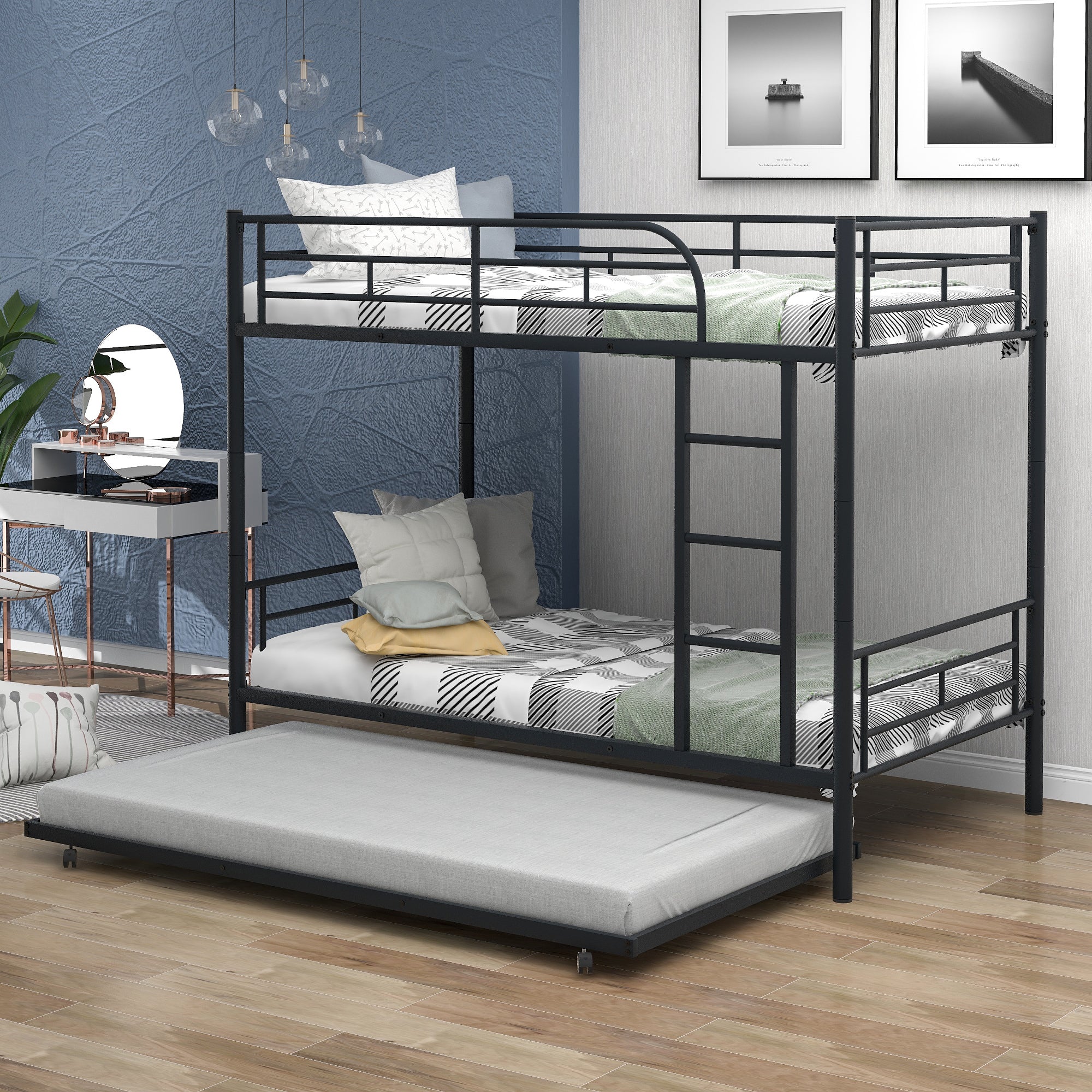 Bunk Bed with Roll Out Trundle Bed Frame, Metal Bunk Bed can be Divided into Two Twin Beds, Trundle Twin Bunk Bed with Ladders and Guardrails for Guest Room, Space Saving Bedroom Furniture