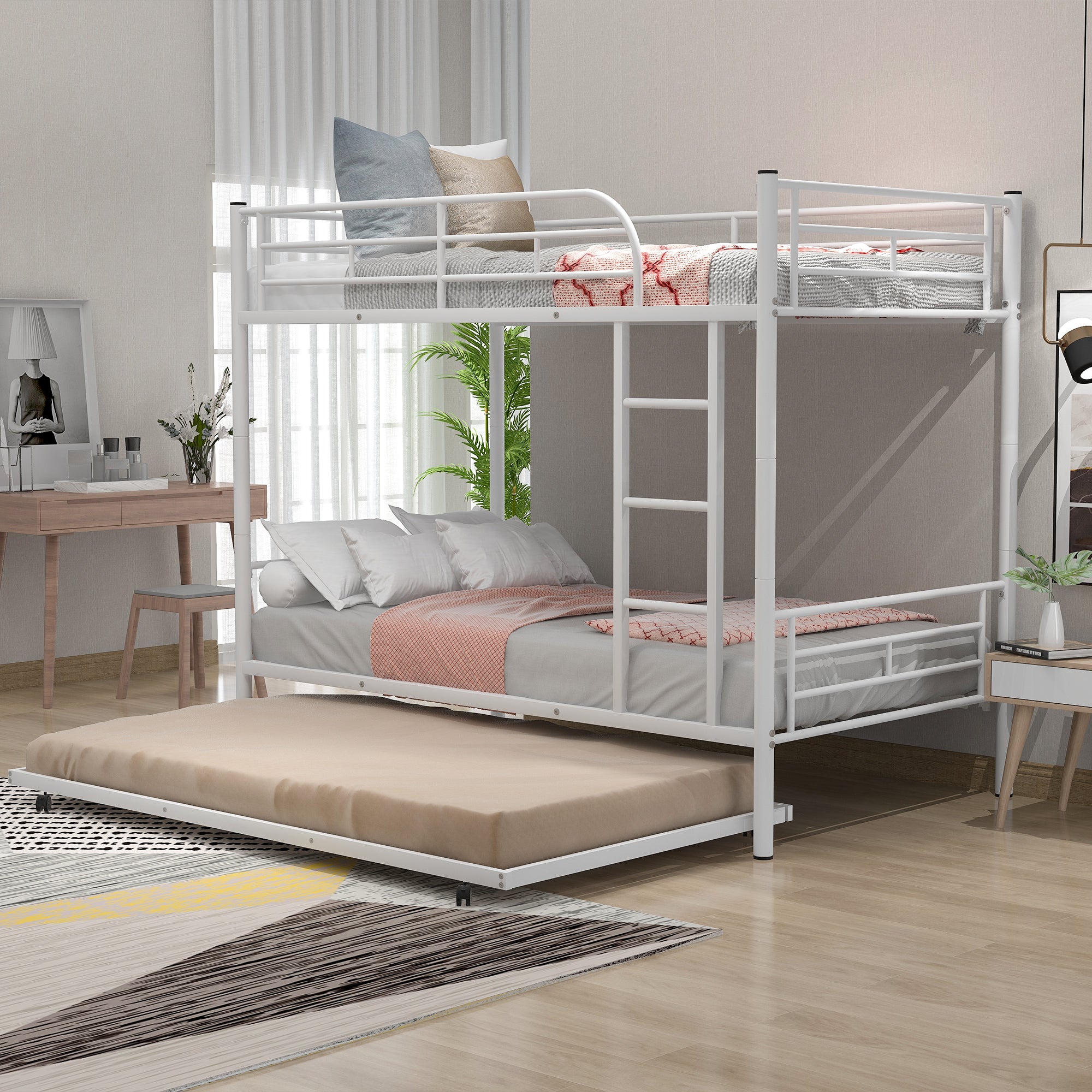 Bunk Bed with Roll Out Trundle Bed Frame, Metal Bunk Bed can be Divided into Two Twin Beds, Trundle Twin Bunk Bed with Ladders and Guardrails for Guest Room, Space Saving Bedroom Furniture, K86