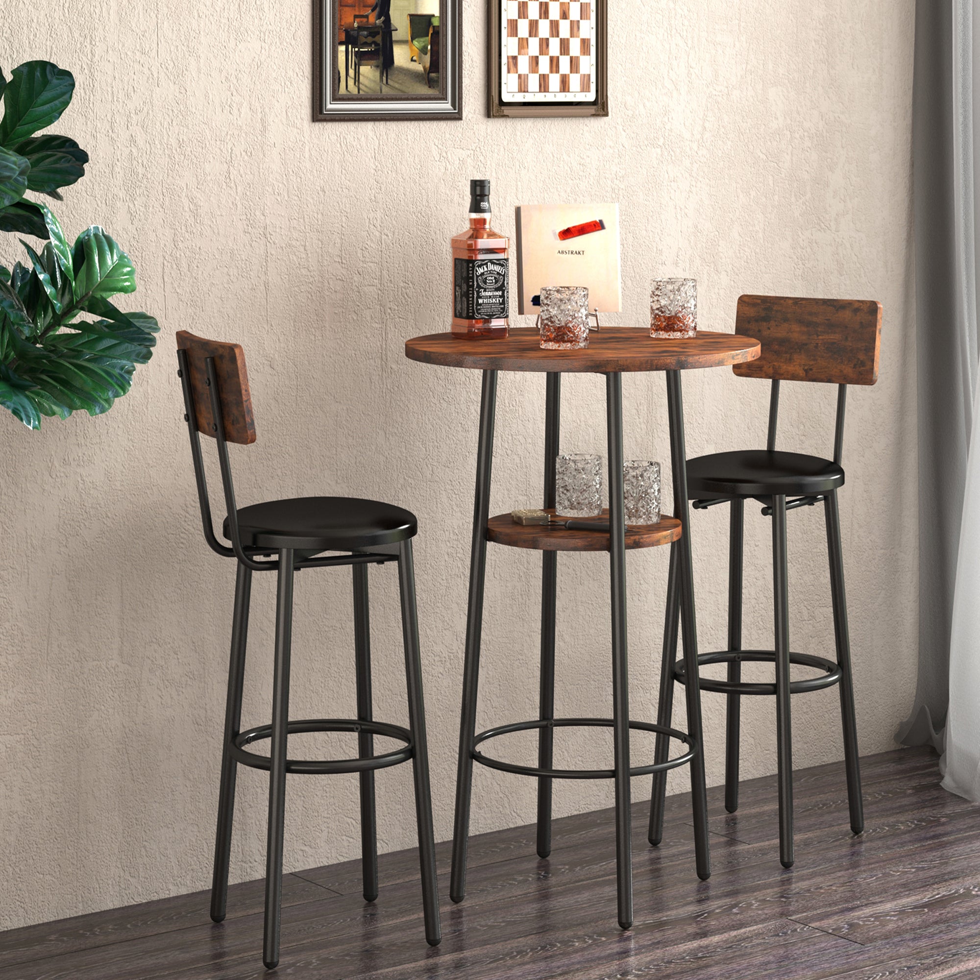 Kitchen Bar Table Set, 3-Piece Bistro Table Set for Kitchen, Round Dining Room Set with 2 Upholstered Chairs, Gray Table and Chairs Dining Set for Pub Bistro Restaurant