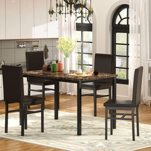 5 Piece Dining Table Set, Modern Faux Marble Table and 4 PU Leather Upholstered Chairs, Rectangle Kitchen Table and Chairs for 4 Persons, Small Dining Set for Bar Kitchen Breakfast Nook, B1401