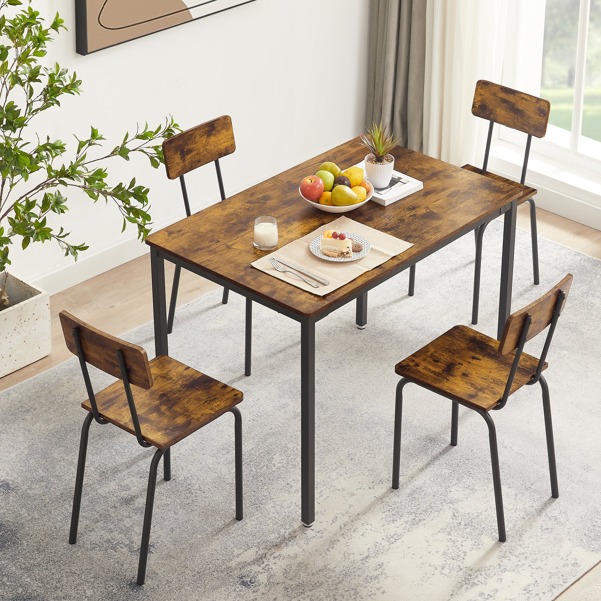 Dining Table Set, 5 Piece Dining Room Table Set for Small Spaces, Kitchen Table and 4 Chairs, Rectangular Modern Bistro Table Set, Steel Frame, Easy to Assemble, B1411