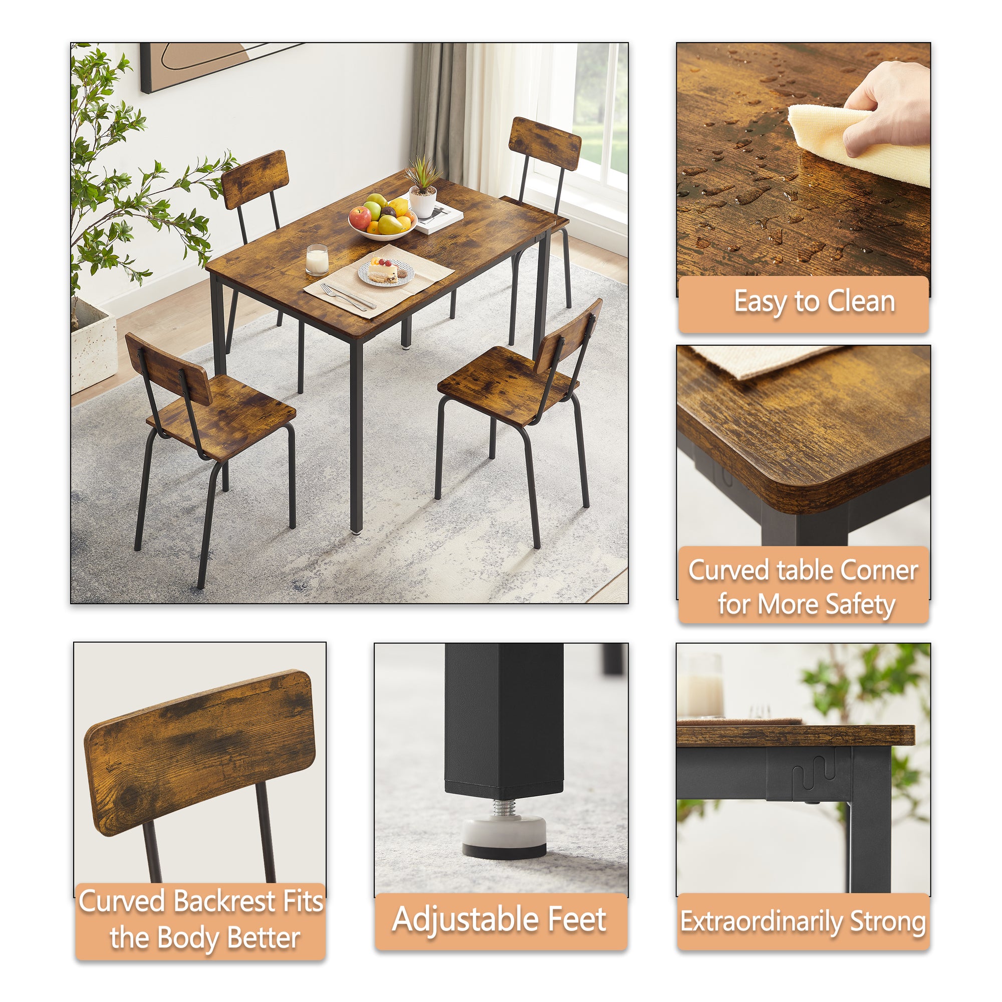 Dining Table Set, 5 Piece Dining Room Table Set for Small Spaces, Kitchen Table and 4 Chairs, Rectangular Modern Bistro Table Set, Steel Frame, Easy to Assemble, B1411