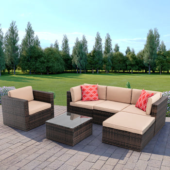 Outdoor Rattan Conversation Set, 4 Pieces Wicker Chairs Set, Outdoor Seating Set with Soft Cushions & Tempered Glass Coffee Table, Outdoor Patio Chairs for Deck Balcony Lawn
